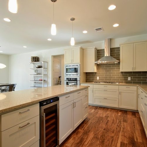 kitchen with hardwood floor Peoples Signature Flooring Austin Texas, Acacia Natural 5 Inch (Hand Sculpted)