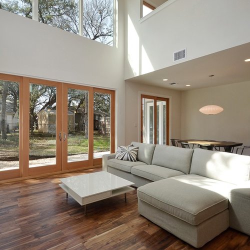 living room with hardwood floor Peoples Signature Flooring Austin Texas, Acacia Natural 5 Inch (Hand Sculpted)