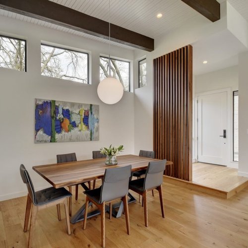 dining room with hardwood floor Peoples Signature Flooring Austin Texas, 7.5 Inch Wide Wirebrush European White Oak Natural