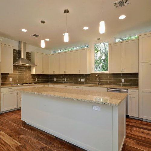 kitchen with hardwood floor Peoples Signature Flooring Austin Texas, Acacia Natural 5 Inch (Hand Sculpted)